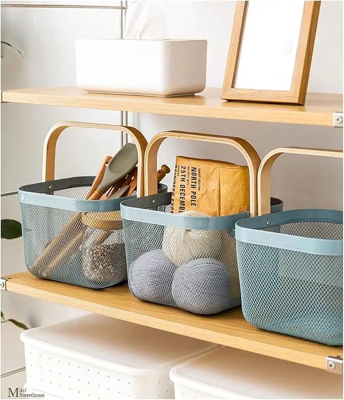 Metal Mesh Steel Basket, Storage Organizer Basket Multi-functional Hanging Kitchen Baskets Fruit Basket Bin with Bamboo Handle for Kitchen Bathroom Picnic Shopping Decor Cabinet Home, Blue by GreenHaven Gardens