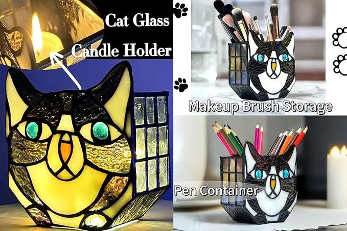 Tiffany Cute Cat Stained Glass Flower Pots,Indoor and Outdoor Plant Displays,Black Cat Plant Planter,Candle Holder Container Decoration 4.6 x 5.15 x 3 inch(Without Succulents) by GreenHaven Gardens