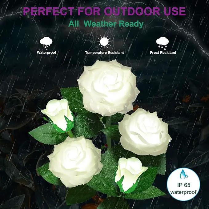 Solar Flower Lights Outdoor - Upgraded New Material Two Modes Realistic LED Solar Powered Waterproof Lights with 5 Roses, Solar Decorative Stake Lights for Garden (White, 2 Pack) by GreenHaven Gardens