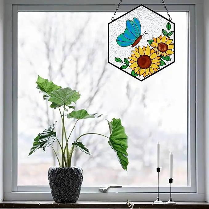 Butterfly Sunflower Stained Glass Suncatchers Windows Hanging Decorative,Hand Paint Sun Sunflower Catchers Indoor Ornaments with Stick Hook,Memorial Gifts for Mom/Women by GreenHaven Gardens