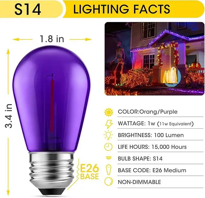 Meconard S14 Purple and Orange LED Light Bulbs, 24Pack 1W Plastic Shatterproof Waterproof LED Bulbs for Indoor Outdoor String Lights, E26 Base, Halloween Decoration, String Light Replacement Bulbs by GreenHaven Gardens