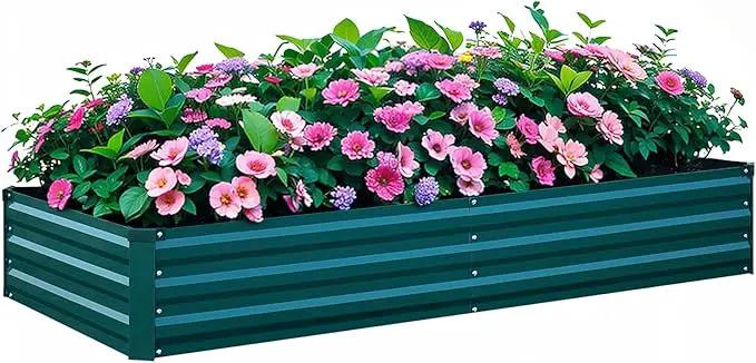 Raised Garden Bed Green, 6x3x1ft Galvanized Raised Garden Beds Outdoor for Vegetables Flowers, Raised Bed Planter Box, Metal Raised Garden Bed Kit with Gloves and 3ftx30ft Weed Barrier Fabric by GreenHaven Gardens