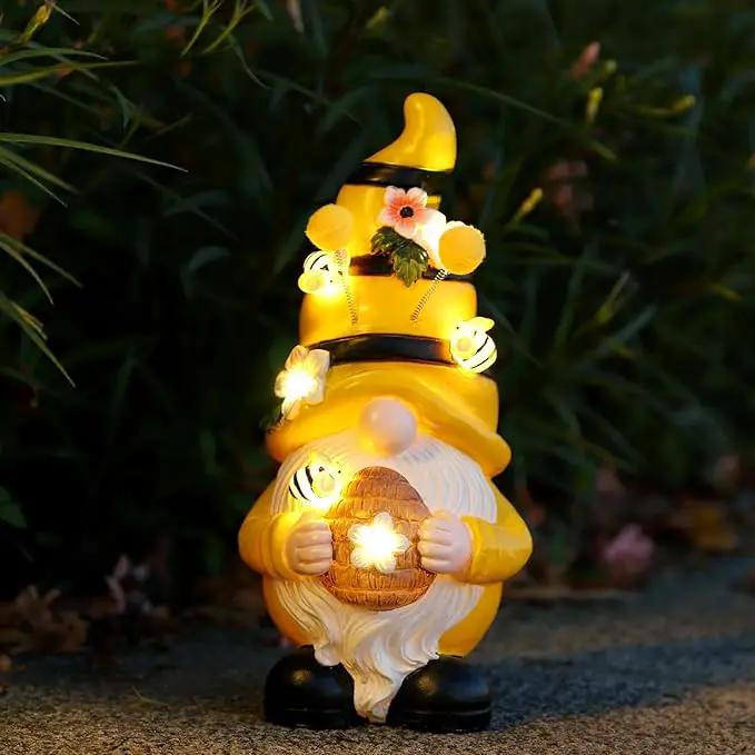 Garden Figurines Gnome Statue Decorations - Solar Resin Spring Bee Gnome Figurine Solar Garden Lights Outdoor Decorations Waterproof for Patio,Yard,Lawn, by GreenHaven Gardens