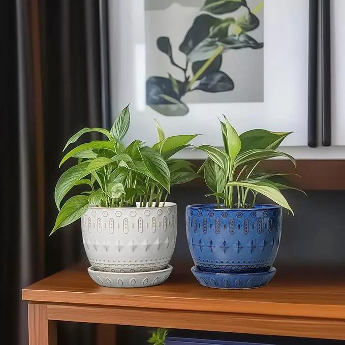 G EPGardening Plant Pot 5 Inch - Ceramic Planter for Indoor Plants Outdoor, Succulent Orchid Pot with Drainage Hole and Saucer, Round Flower Pot for Home Decor, Blue by GreenHaven Gardens