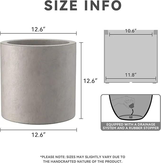 Kante 12.6" Dia Round Concrete Planter, Modern Style Large Cylindrical Plant Pot with Drainage Hole and Rubber Plug for Indoor Outdoor Patio, Weathered Concrete by GreenHaven Gardens