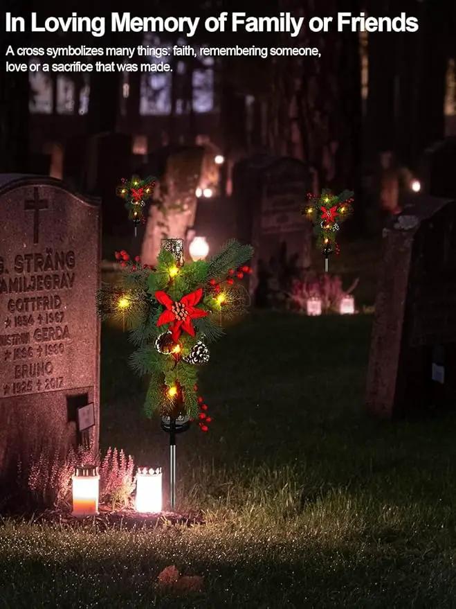 2 Pack Christmas Decorations Outdoor Solar Cross Stake Lights for Christmas Decor, IP65 Waterproof, Auto On/Off Cross Light Grave Decorations with 10 LEDs & Pinecones for Garden Yard Lawn Cemetery by GreenHaven Gardens