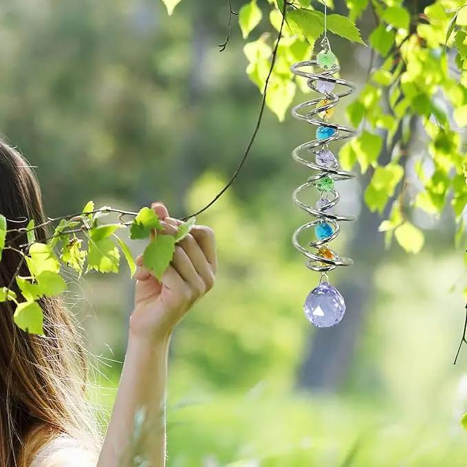 FONMY Gazing Ball Spiral Tail -Decorative Wind Spinner Sun Catcher Rainbow Maker Double-Spiral W/Purple Crystal Ball and Chain Crystals for Indoor Outdoor Garden Decoration -14 inch Height by GreenHaven Gardens