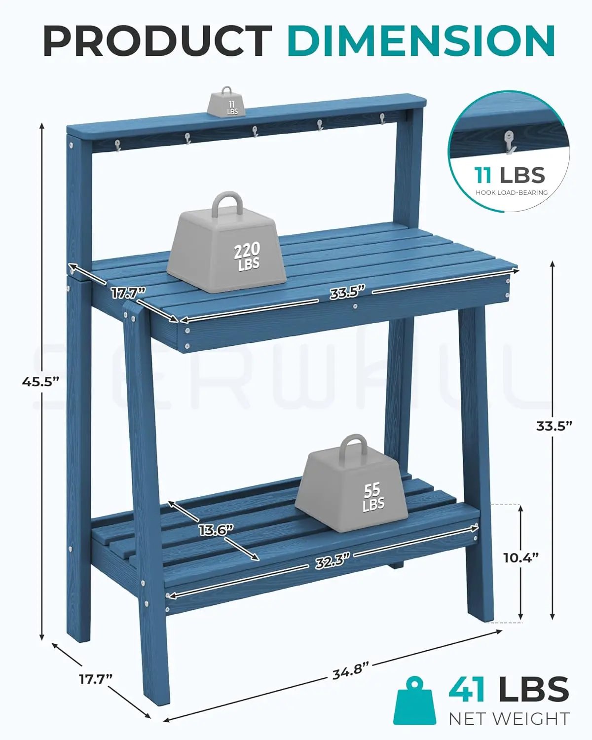 SERWALL Potting Bench Outdoor with Storage, 3-Tier HDPE Gardening Table with Angled Legs & Tool Hooks, All-Weather Heavy Duty Potting Table for Patio, Backyard, Garden, Blue by GreenHaven Gardens