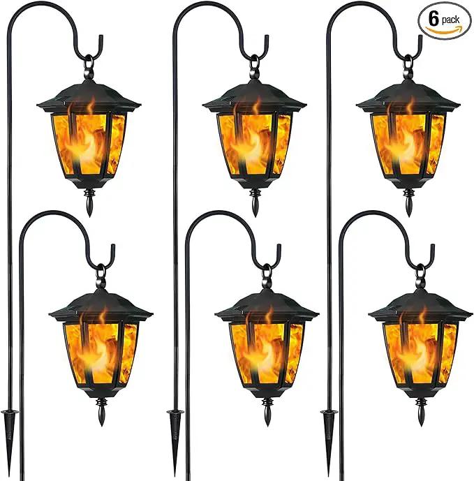Dynaming 6 Pack Solar Flame Hanging Lights Outdoor, Solar Flickering Flame LED Garden Lanterns with 6 x 38 Inch Shepherd Hooks, Landscape Lighting Waterproof for Lawn Patio Yard Pathway Driveway by GreenHaven Gardens