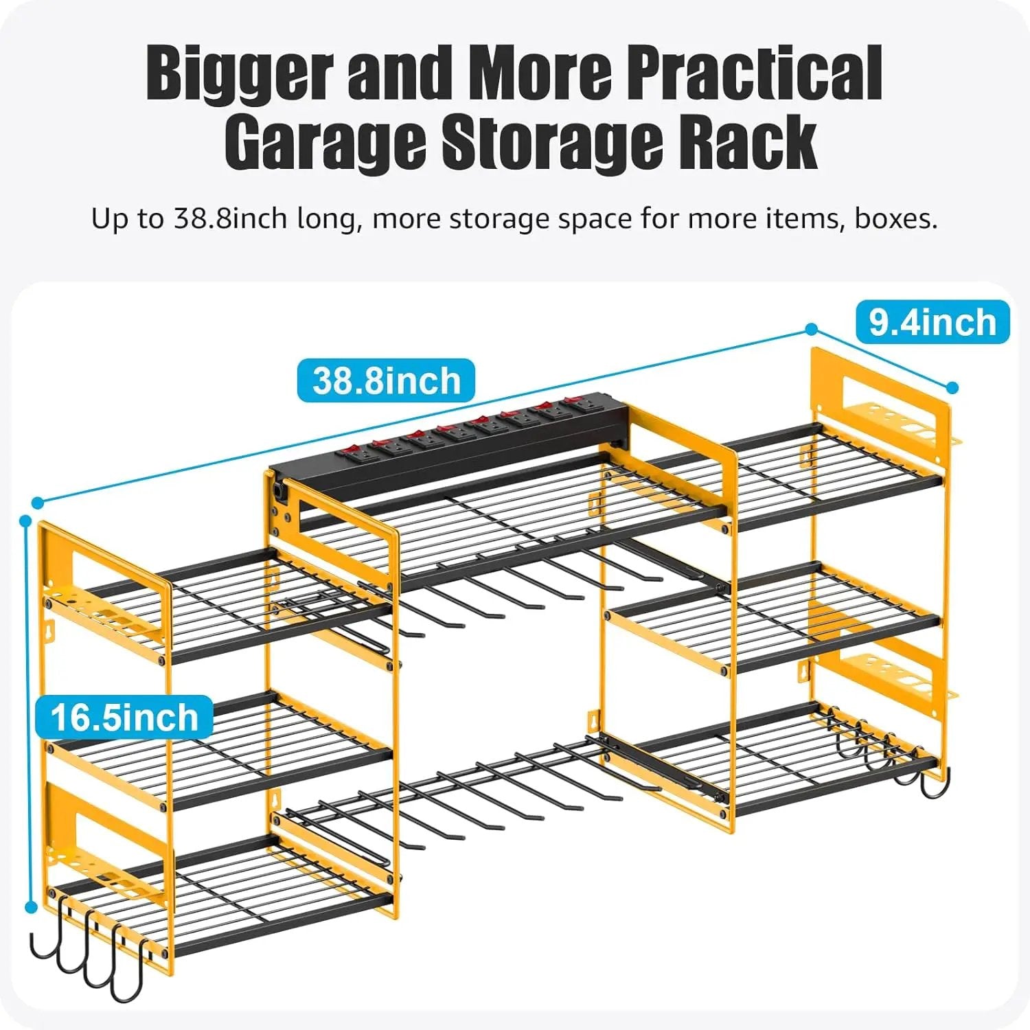 CCCEI Yellow Power Tool Organizer Wall Mount, Large Tools and Battery Storage Rack Charging Station Individual Switches. Drills Holder, Garage Utility Shelves with 6FT Power Strip. Gift for Men. by GreenHaven Gardens
