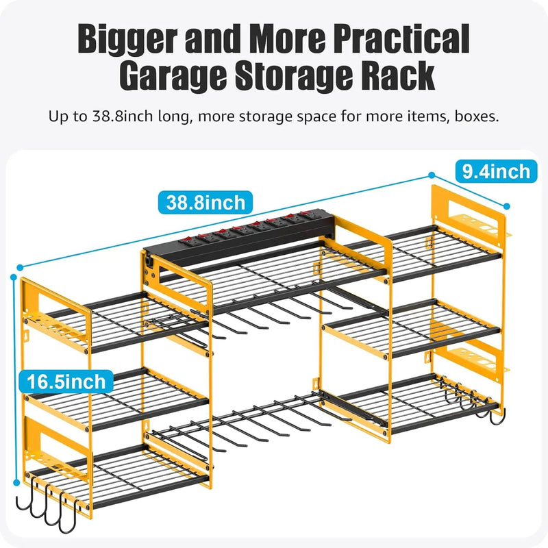 CCCEI Yellow Power Tool Organizer Wall Mount, Large Tools and Battery Storage Rack Charging Station Individual Switches. Drills Holder, Garage Utility Shelves with 6FT Power Strip. Gift for Men. by GreenHaven Gardens