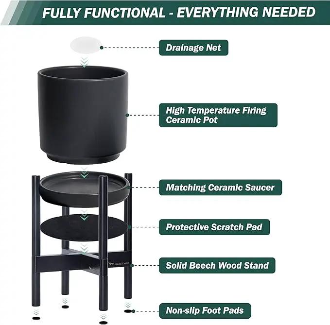 D'vine Dev Ceramic Planter with Ebony Stand - 10 Inch Modern Round Flower Pot with Wood Planter Holder, Black, 55-B-L-2 by GreenHaven Gardens