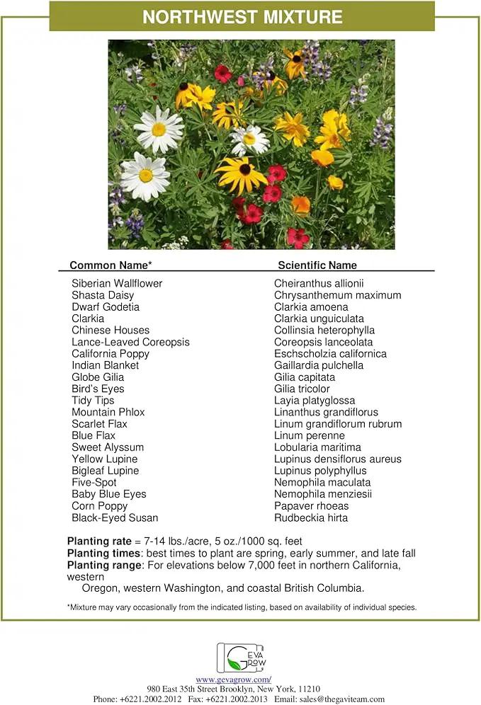 Geva Grow on The Go Seed Shaker - Northwest Wildflower Seeds Regional Mix - Organic, Non-GMO - 100% Pure Seed - 20 Different Wildflowers Seeds of Annual and Perennial, 8oz by GreenHaven Gardens