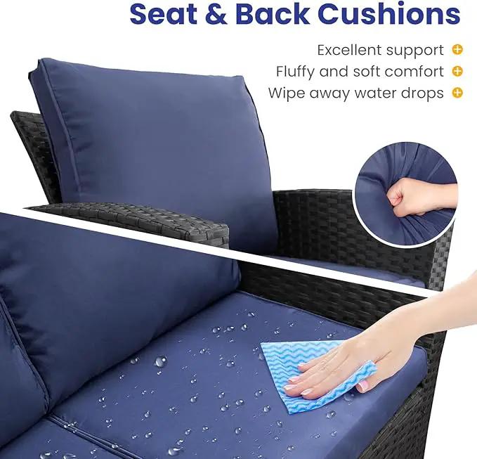 4 Piece Outdoor Patio Furniture Set,Wicker Conversation Sets Outdoor Sectional Patio Sofa Couch with Cushions & Coffee Table for Outside, Garden, Balcony, Porch,Black/Blue by GreenHaven Gardens