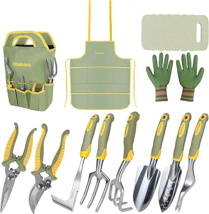 Set of 12 Garden Tool, iHansee Heavy-Duty Aluminum Gardening Hand Tools with Rubber Non-Slip Handle, Garden Apron, Gloves, Kneeling Pad and Storage Bag, Garden Hand Tools Starter Kit Landscaping Tools by GreenHaven Gardens
