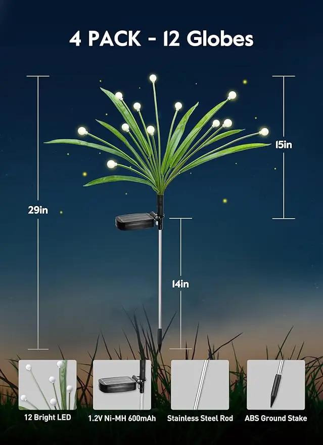 4 Pack 48 LED Solar Firefly Lights with Leaves, Solar Garden Lights Outdoor Decoration with 2 Lighting Modes, Waterproof Solar Outdoor Lights Decorative, Solar Lights for Outside Pathway, Warm White by GreenHaven Gardens