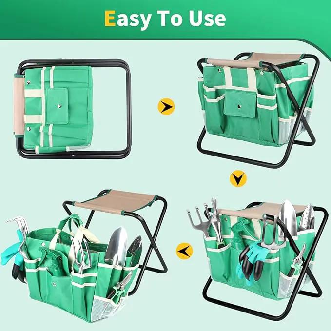 9 PCS All-in-one Garden Tools Set, Heavy Duty Cast-Aluminium Alloy Gardening Tools Kit with Folding Stool Seat&Detachable Canvas Tool Bag , Non-Slip Rubber Grip, Outdoor Hand Tools by GreenHaven Gardens