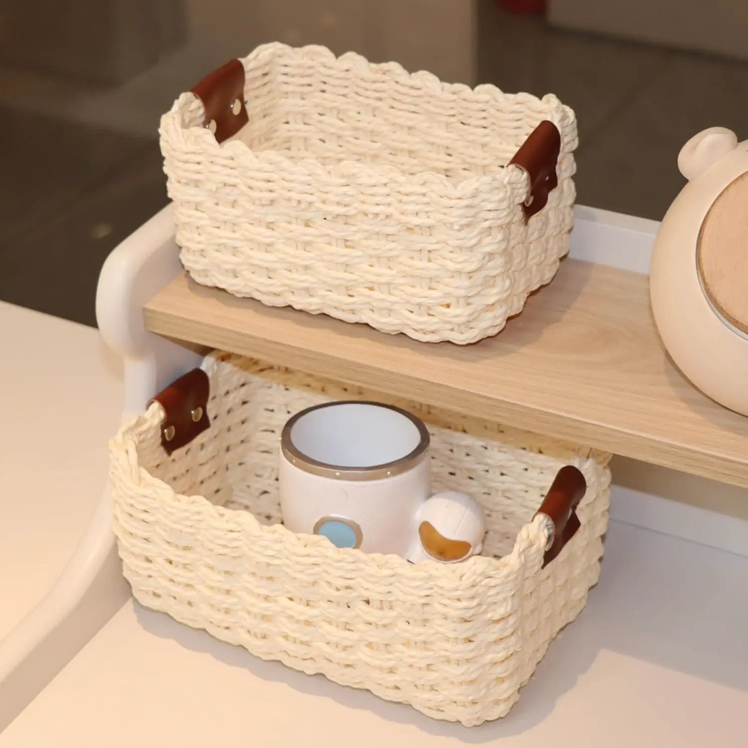 Small baskets for Organizing,Cute woven Storage basket with recycled paper rope for Shelves Bathroom,Little decorative basket,Set of 3 (Beige) by GreenHaven Gardens