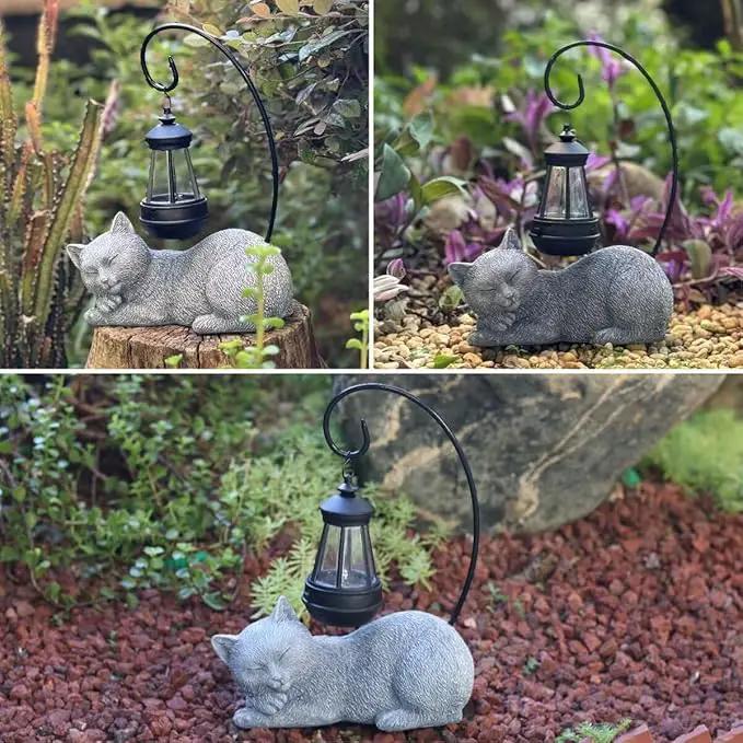 Solar Cat Garden Statue with Lantern, 13 Inch Tall Figurine for Outdoor Decor, Yard, Patio, Lawn and Porch, Solar-Powered Lights Sculpture by GreenHaven Gardens