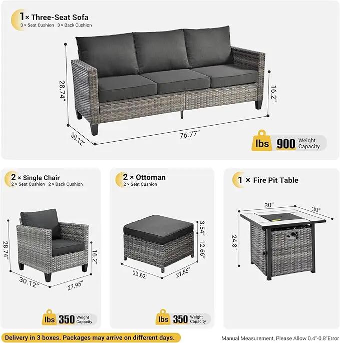ovios 6 Pieces Patio Furniture Set with 30" Fire Pit Table, Outdoor Wicker Sofa with Comfy Cushions, All Weather High Back Rattan Couch Conversation Set, Black by GreenHaven Gardens