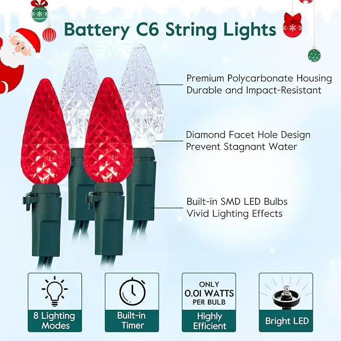 Brightown C6 LED Christmas String Lights - 2 Pack Each 20ft 60LED Battery Operated Strawberry String Lights with Timer and 8 Light Modes for Christmas Trees Wreaths, Indoor Xmas Decor, Red and White by GreenHaven Gardens