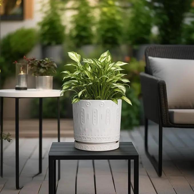 Ceramic Planter for Indoor Plants - 8 Inch Plant Pot Outdoor Flower Pot with Drainage Holes and Saucer Modern Round Planter Succulent Pot for Home Garden Decor White by GreenHaven Gardens