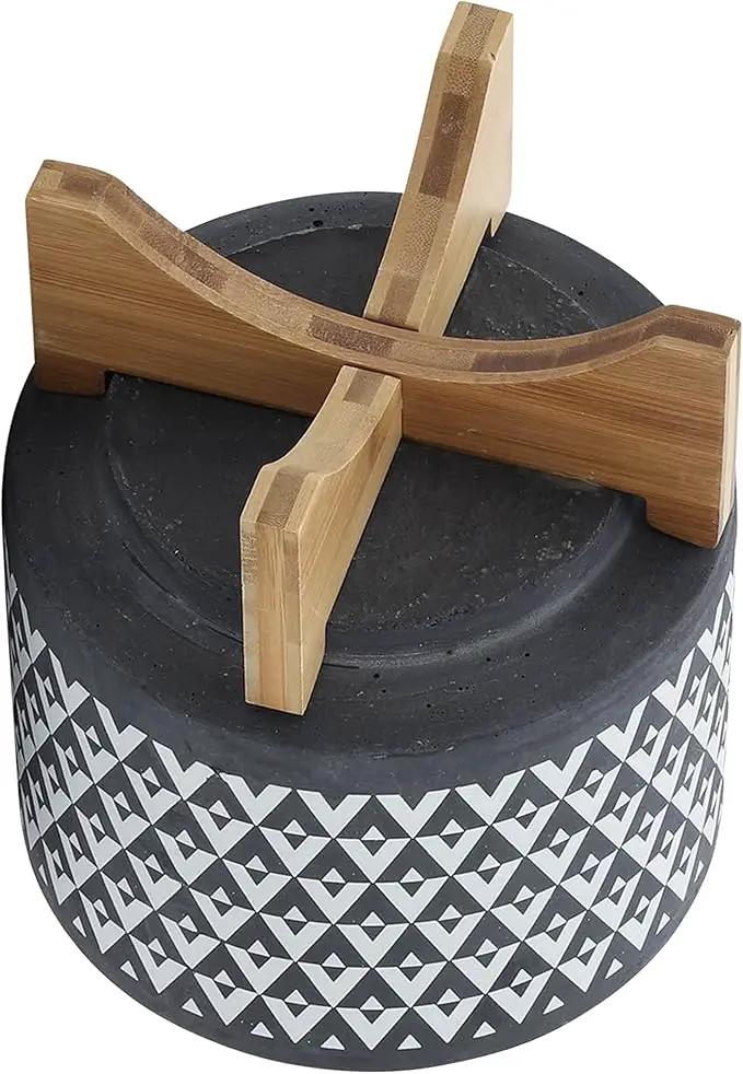 Sagebook Home 9" H 8" Diameter Dark Gray and Ivory Aztec Design Ceramic Planter with Solid Rubberwood Stand for Living Room, Bedroom, or Office by GreenHaven Gardens
