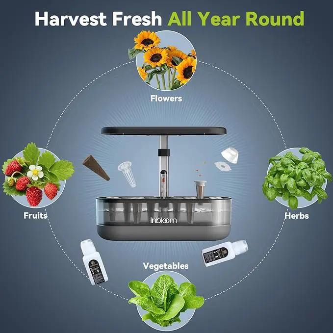 inbloom 12 Pods Hydroponics Growing System Kit, Herb Garden Planter Indoor Kit, Indoor Gardening Hydroponics Growing System with 4.2L Water Pump, Height Adjustable, Gifts for Woman, Transparent Black by GreenHaven Gardens