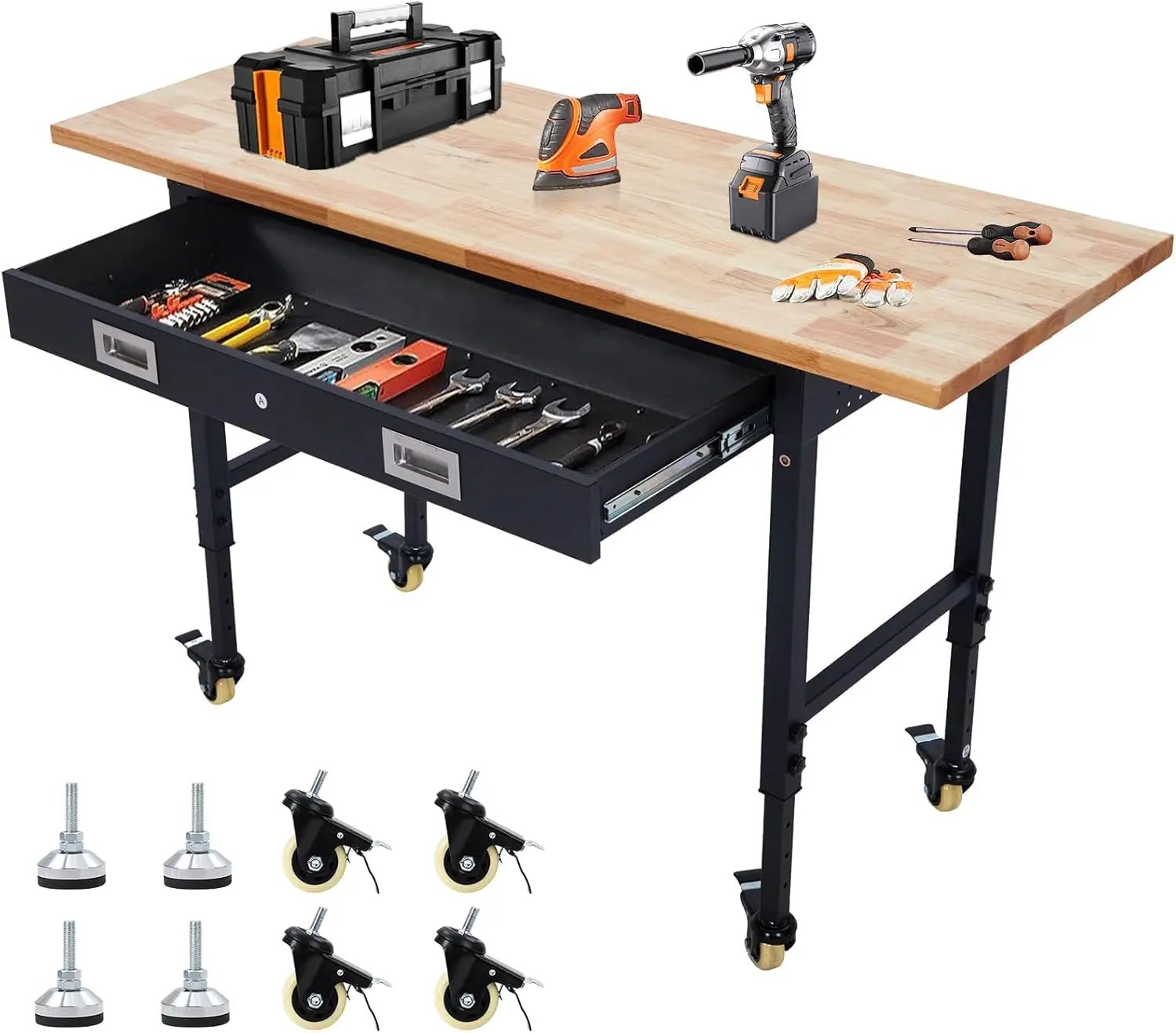60'' Adjustable Workbench, Heavy Duty Workbench with Drawer, Power Outlet and Lockable Wheels, 2000 LBS Capacity, Work Table Suitable for Office, Garage, Workshop by GreenHaven Gardens