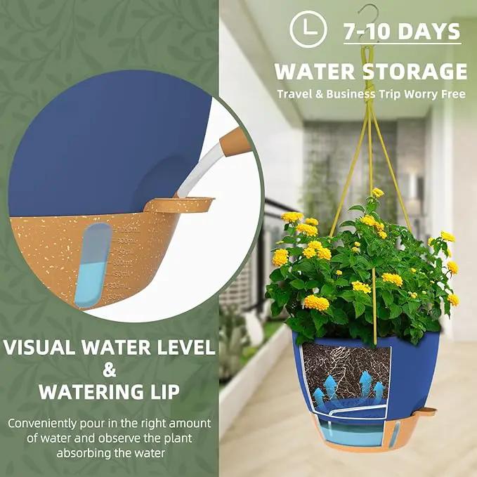 ZMTECH 10 Inch Hanging Planters for Indoor Outdoor Plants, 2 Pack Self Watering Hanging Plant Pots with Drainage Holes and Removable Saucer, Plastic Flower Hanging Pots with Watering Lip (Blue) by GreenHaven Gardens