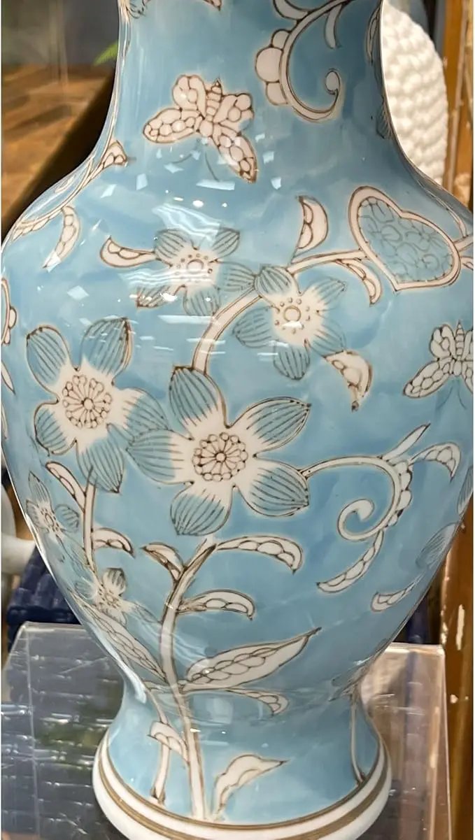Galt International Light Blue and White Flower & Heart Chinoiserie Ceramic Vase 14"- Hand Painted Antique Style Porcelain Flower Bottle Fishtail Porcelain Chinese Vase for Home Decor Centerpiece by GreenHaven Gardens