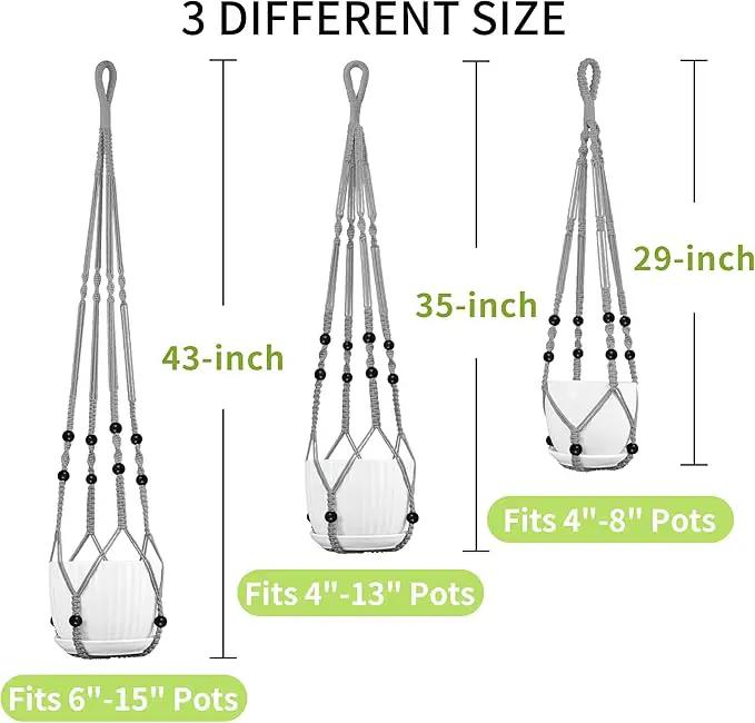 3 Pack Macrame Plant Hanger - 43"/35"/29" Different Sizes, Hanging Planter Basket Flower Pot Holder for Indoor Outdoor, with Wood Beads, Boho Home Decor, Gray (POTS NOT Included) by GreenHaven Gardens