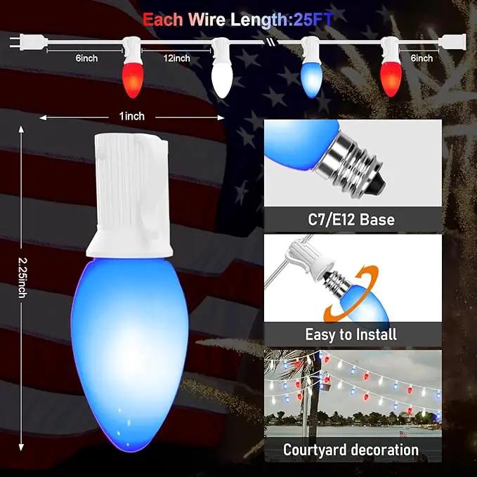 4th of July Decorations Lights, 25Ft C7 Outdoor Red White and Blue String Lights with 27 Shatterproof LED Bulbs, Hanging Patriotic Decorations Light for Indoor Independence Day Patio Garden Backyard by GreenHaven Gardens