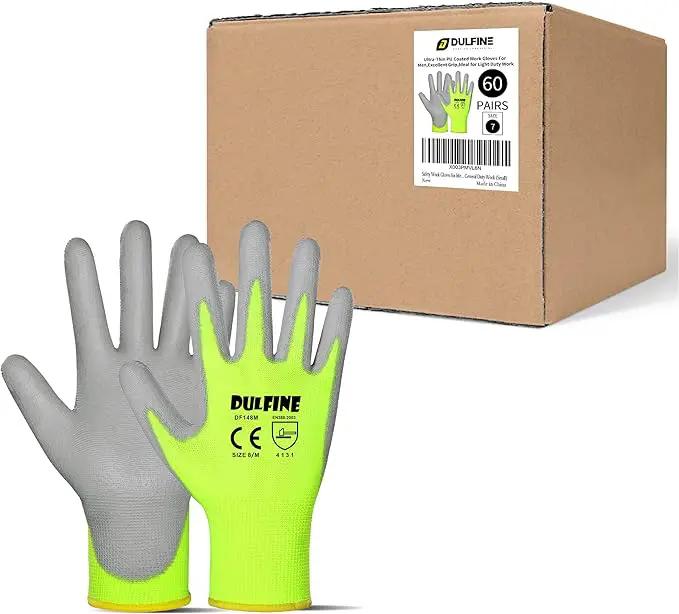DULFINE Safety Work Gloves for Men PU Coated 60 Pairs Bulk Pack,Hi-Vis Yellow Seamless Knit Glove with thin Polyurethane Coated Smooth Grip on Palm & Fingers,Ideal for General Duty Work (Small) by GreenHaven Gardens