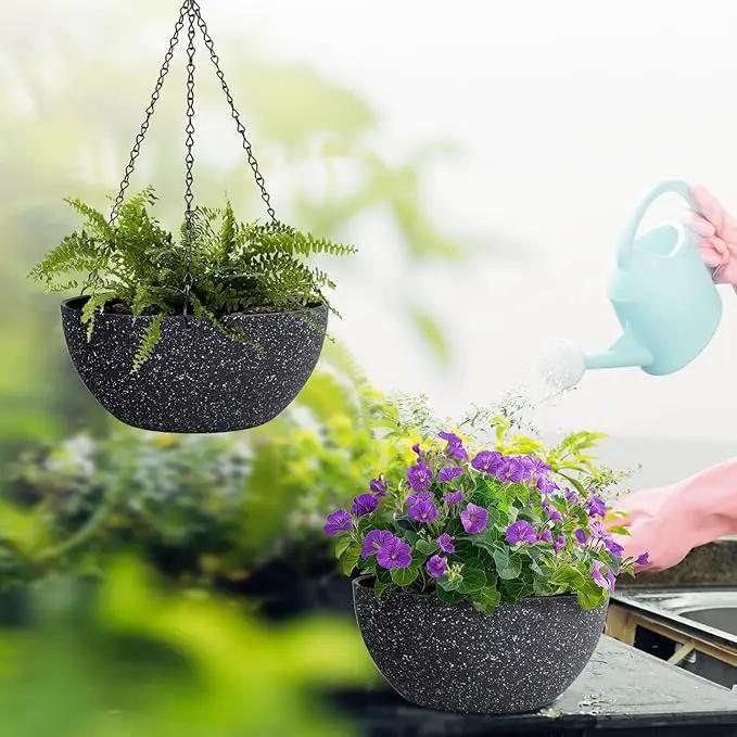 13 inch Large Hanging Planters Plant Pots for Outdoor Indoor Plants with Drainage Holes and Chain, 2 Pack Round Hanging Flower Pots for Garden Home Porch Decor, Speckled Black by GreenHaven Gardens
