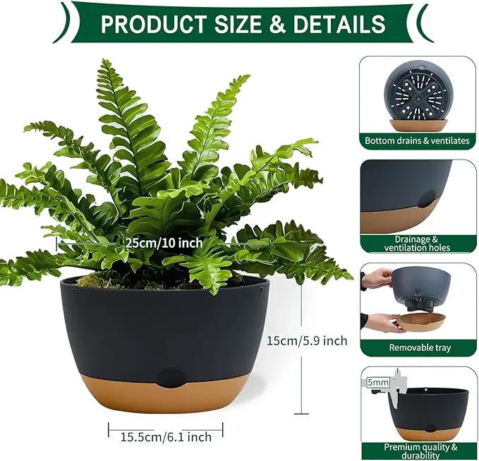 10 Inch Pots for Indoor Plants, Large Self Watering Planters with Drainage and Saucers, Plastic Outdoor Flower Pot, Set of 2, Grey by GreenHaven Gardens
