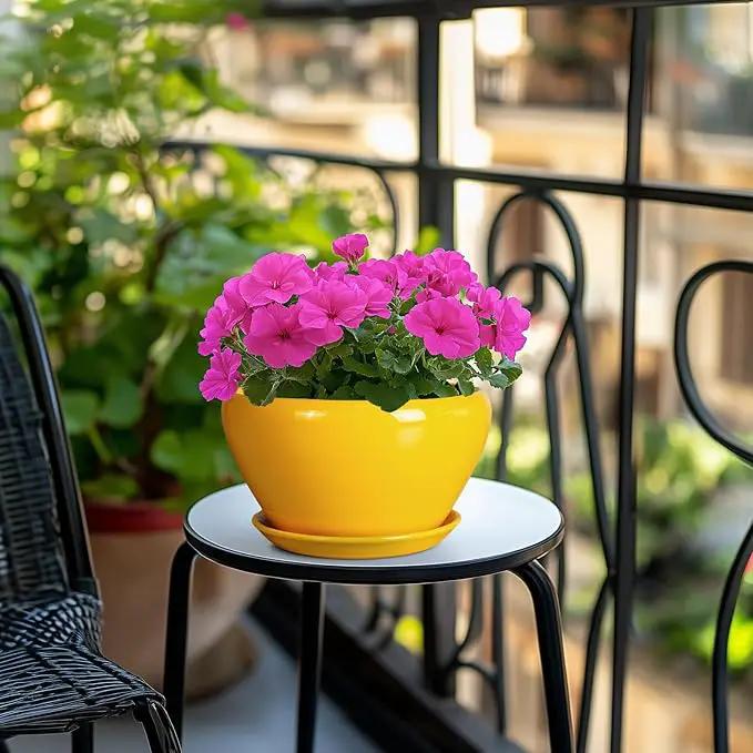 Ceramic Planter 9 Inch - Mid-Century Round Modern Plant Pot Indoor with Drainage Hole and Saucer for Outdoor Plants, Balcony House Garden Patio Home Decor, Yellow by GreenHaven Gardens