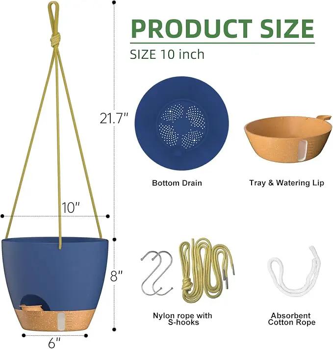 ZMTECH 10 Inch Hanging Planters for Indoor Outdoor Plants, 2 Pack Self Watering Hanging Plant Pots with Drainage Holes and Removable Saucer, Plastic Flower Hanging Pots with Watering Lip (Blue) by GreenHaven Gardens