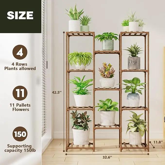 Bamworld Plant Stand Indoor Outdoor Tall Plants Shelf for Multiple Plants Pots Wood Flower Stand Large 11 Pots Plant Holder for Living Room, Patio, Balcony, Garden by GreenHaven Gardens