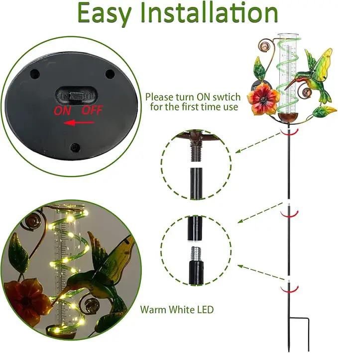 BAYN 36.3” Rain Gauge Outdoor Solar Powered 10 LEDs 7” Tube Garden Hummingbird Metal Decorative Stake with Waterproof Large Glass Tube Rain Guage for Yard, Garden, Patio, Lawn by GreenHaven Gardens