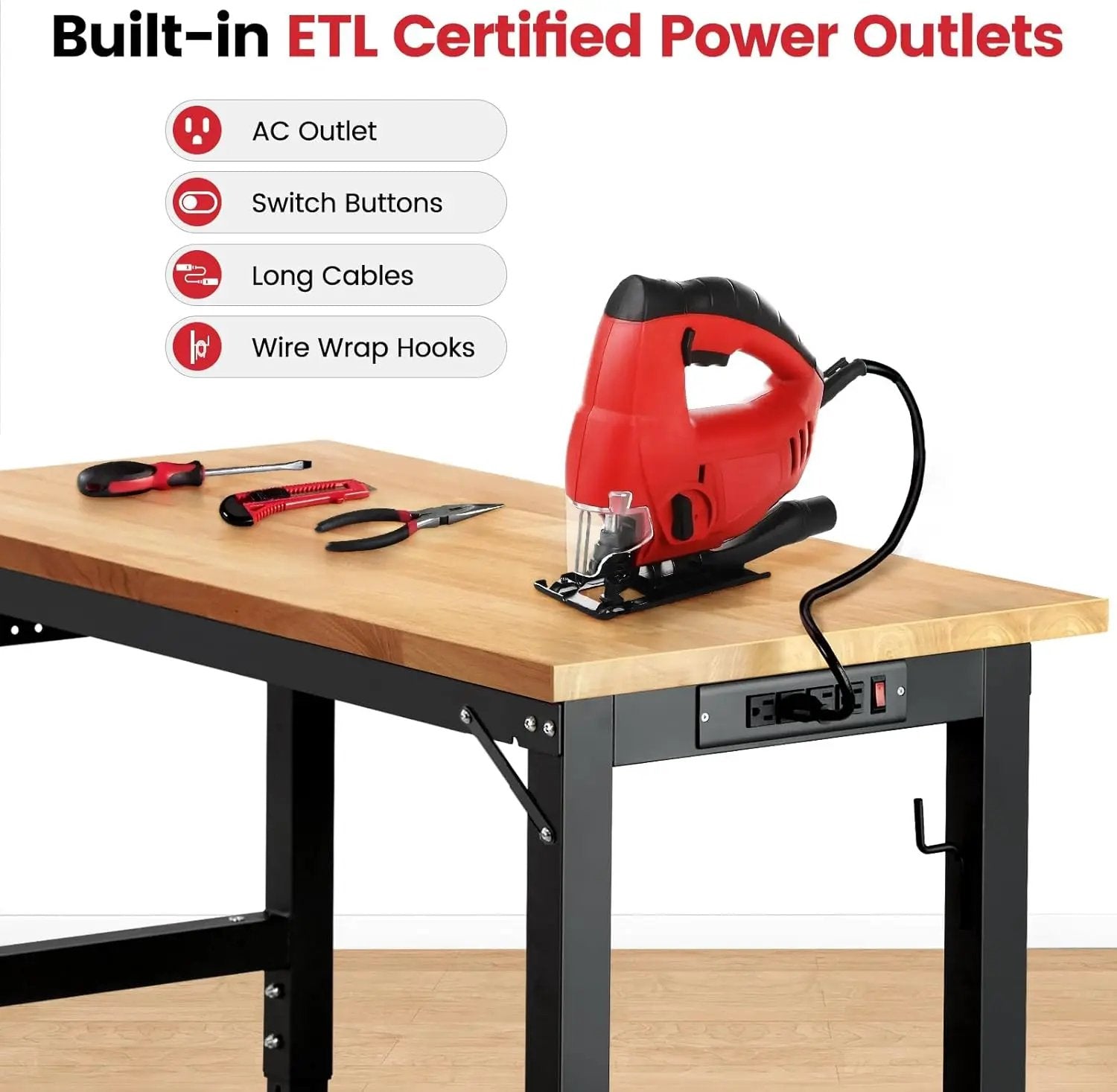 Work Bench with Wheels 48 x 20 Inch Heavy Duty Rubberwood Tabletop Garage Workbench Adjustable Height Work Table with Pegboard, Power Outlets for Woodworking Shop, Home, Office by GreenHaven Gardens