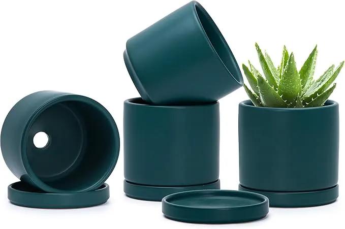 D'vine Dev Set of 4 Small Ceramic Plant Pots, 4.6 Inch Succulent Planter Pot for Plants with Drainage Hole and Saucer, Teal, 94-X-B-9 by GreenHaven Gardens