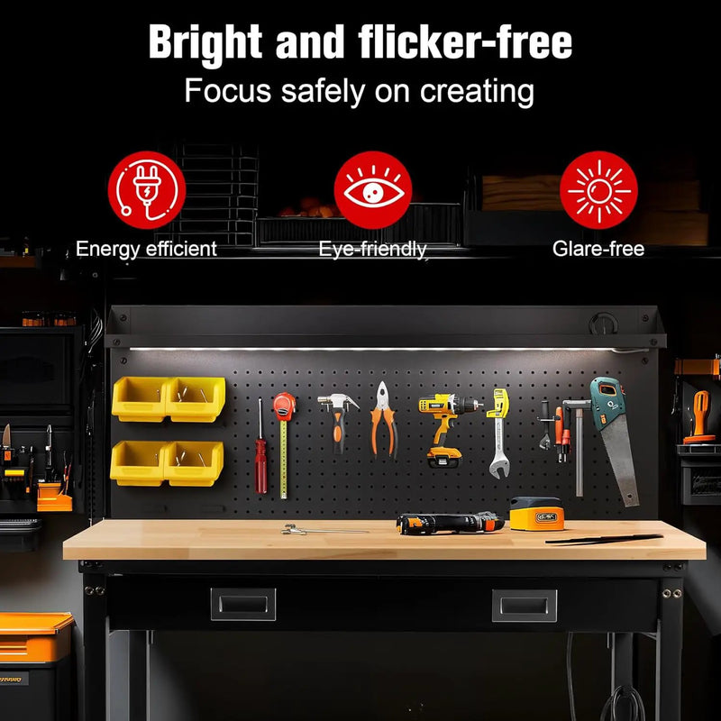 48" Workbench with Drawers, Work Benches for Garage with Strip Light, Adjustable Work Table with Large Pegboard, 2000 LBS Heavy Duty Table with Power Outlet Rubber Wood for Garage, Office by GreenHaven Gardens