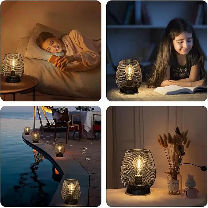 2 Pack Battery Operated Lamp Outdoor Table Lantern,Metal Cage Cordless Lamps with LED Bulb for Weddings Parties Patio Events Indoor Outdoor Patio Bedroom Living Room（Black by GreenHaven Gardens