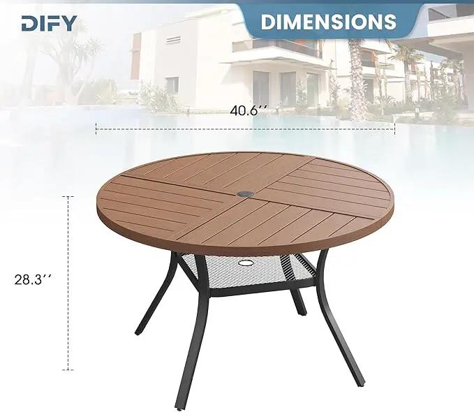 DIFY 40.6" Round Outdoor Patio Dining Table for 4, All-Weather Metal Steel Slatted Patio Table with 1.57" Adjustable Umbrella Hole, for Lawn Garden Porch Backyard, Walnut by GreenHaven Gardens