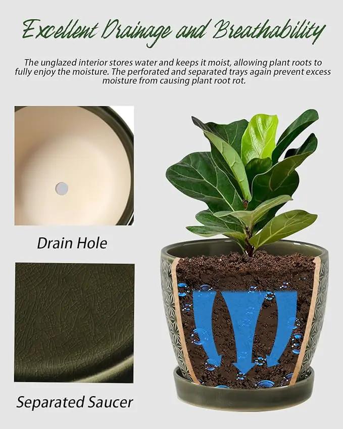 Plant Pots, Flower Pots, Planters for Indoor Plants(6.5+5.5inch), Flower Pots for Indoor Plants with Drainage Hole and Saucer, Ceramic Pots for Plants with Hole Mesh Pad,Reactive Glaze Green by GreenHaven Gardens