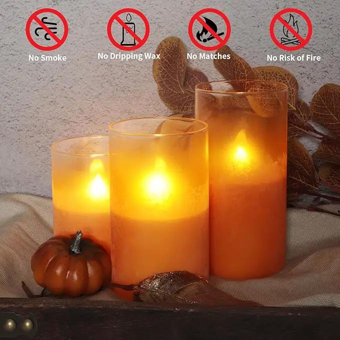 Orange Flameless Candles - Battery Operated Candles with Remote Orange Glass Sandblasted Design Wax Unscented - Centerpieces for Dinner Table Tray House Warming Thanksgiving Gifts by GreenHaven Gardens