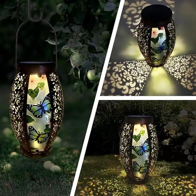 Butterfly Solar Lanterns Glass & Metal Hanging Lantern Outdoor Waterproof 16" H Tabletop Light with Hollowed-Out Design for Garden Patio Table Decor Mother's Day Gift by GreenHaven Gardens