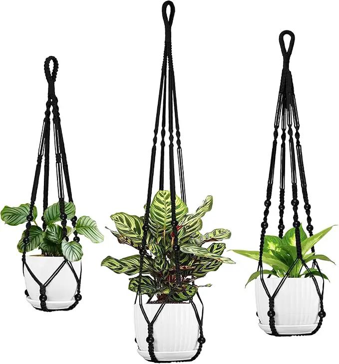 3 Pack Macrame Plant Hanger - 43"/35"/29" Different Sizes, Hanging Planter Basket Flower Pot Holder for Indoor Outdoor, with Wood Beads, Boho Home Decor, Black (POTS NOT Included) by GreenHaven Gardens