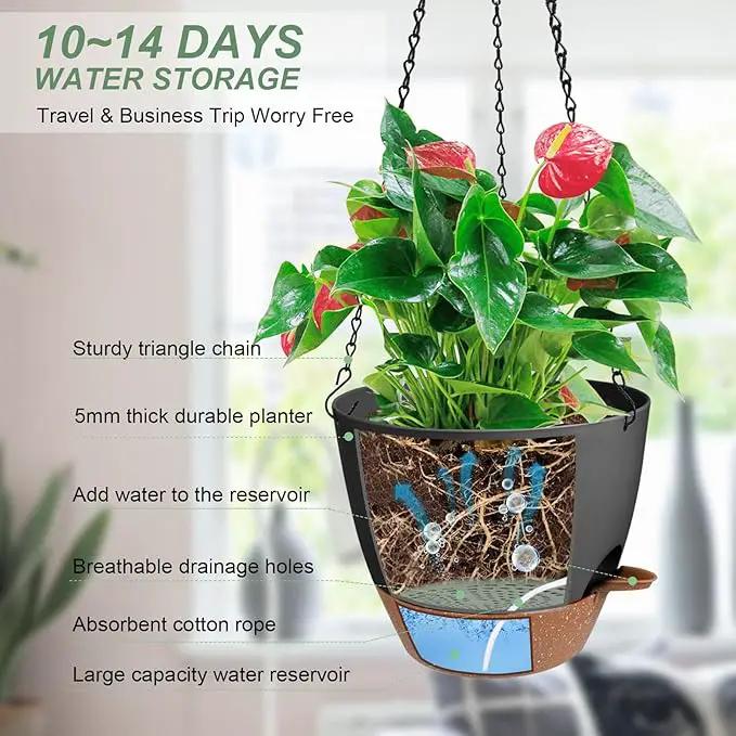 Hanging Planters for Indoor Outdoor Plants, 1 Set Self Watering Hanging Pot with Drainage Holes & Removable Tray (Black-12inch, 12'') by GreenHaven Gardens